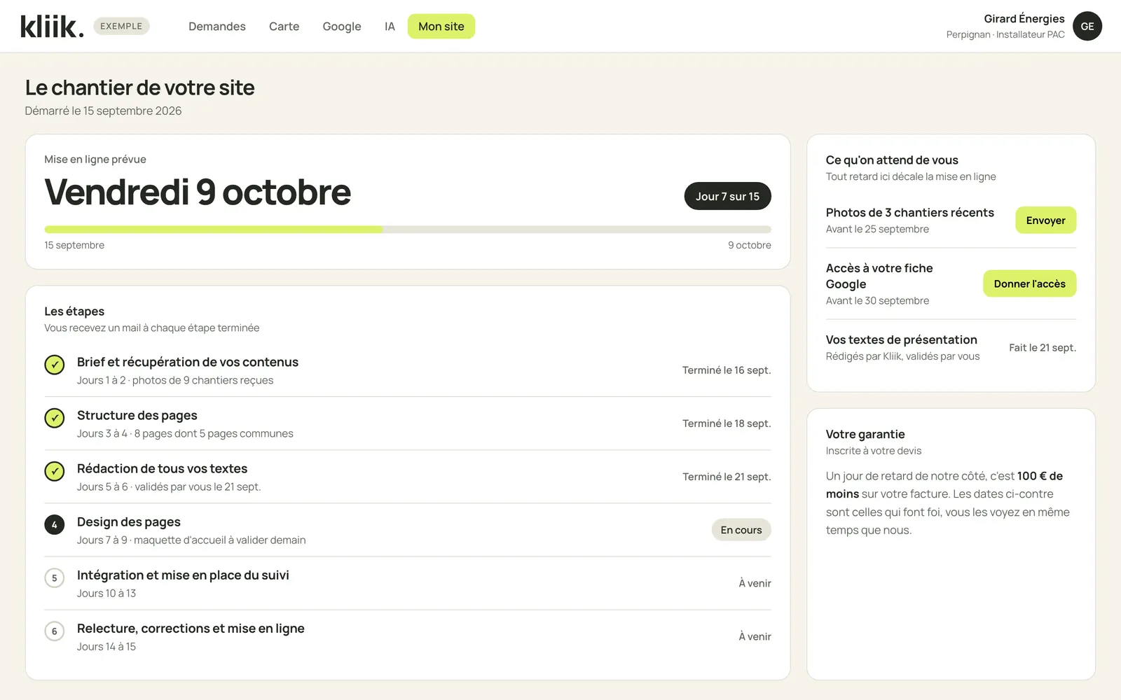 L’onglet Mon site de l’espace client : la date de mise en ligne, l’étape en cours et ce qui est attendu du client.