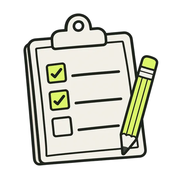 Un bloc-notes à pince dont deux cases sont cochées, et un crayon posé en diagonale.