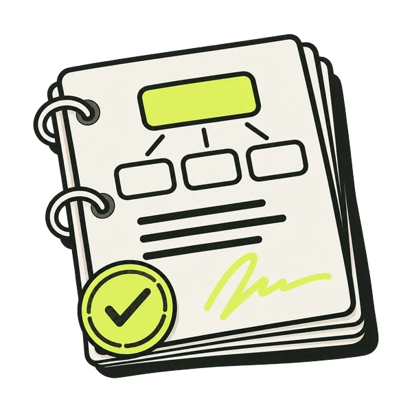 Un cahier des charges relié par deux anneaux : un schéma de structure en haut, une signature manuscrite et un tampon de validation en bas.