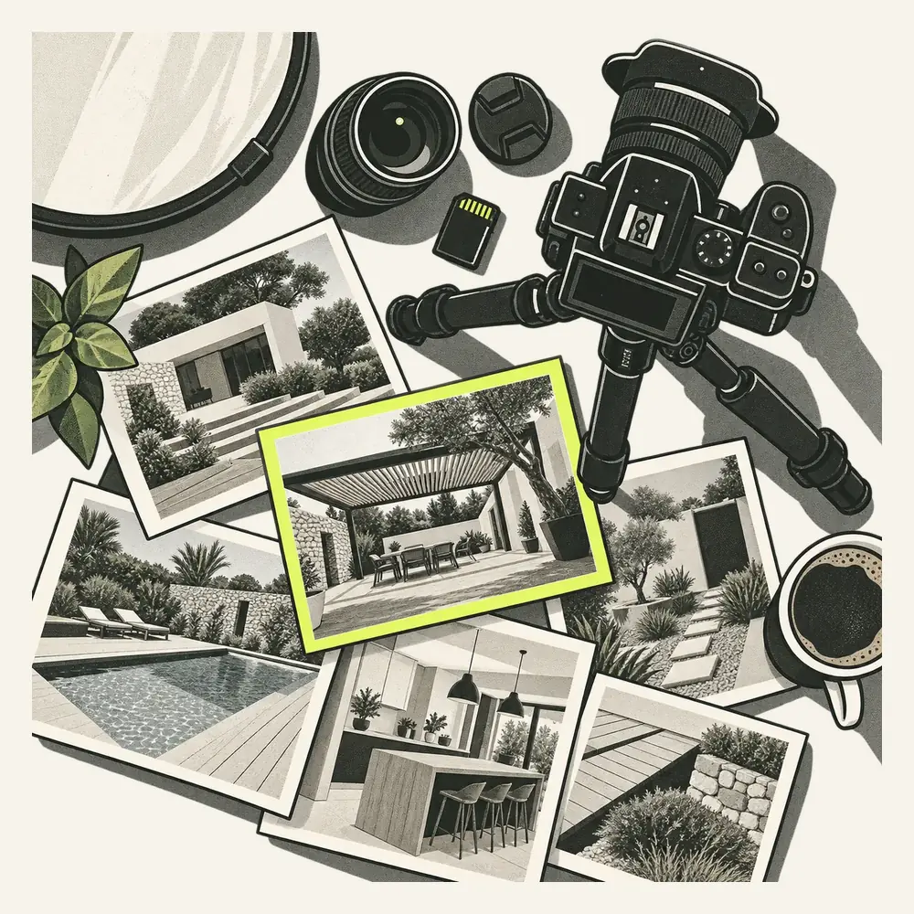 Un appareil photo sur trépied, un objectif et une carte mémoire posés au-dessus de tirages de chantiers terminés, dont un encadré de citron.