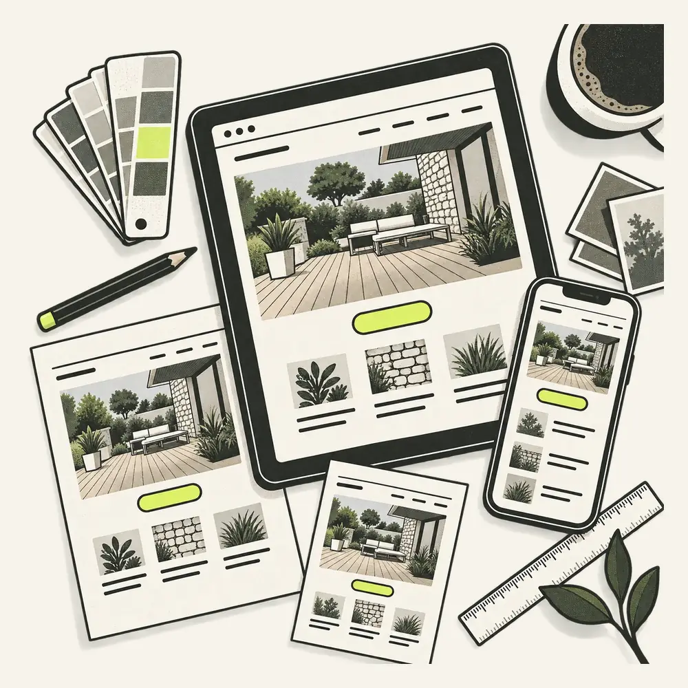 Une tablette affiche la page d’accueil d’un site de paysagiste, entourée des mêmes pages imprimées, d’un nuancier, d’un crayon et d’une règle.