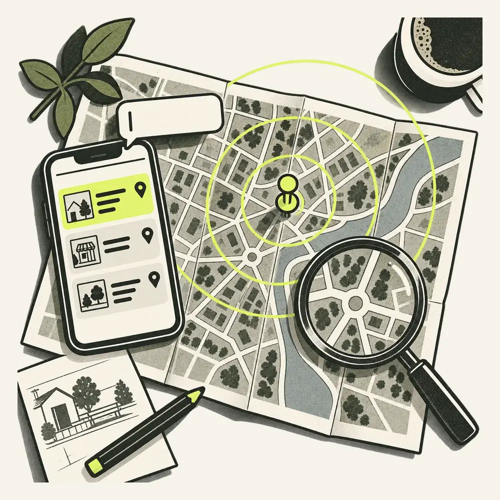 Un plan de ville avec une punaise citron et trois cercles, un téléphone affichant trois résultats de recherche dont le premier est surligné, et une loupe posée sur un carrefour.