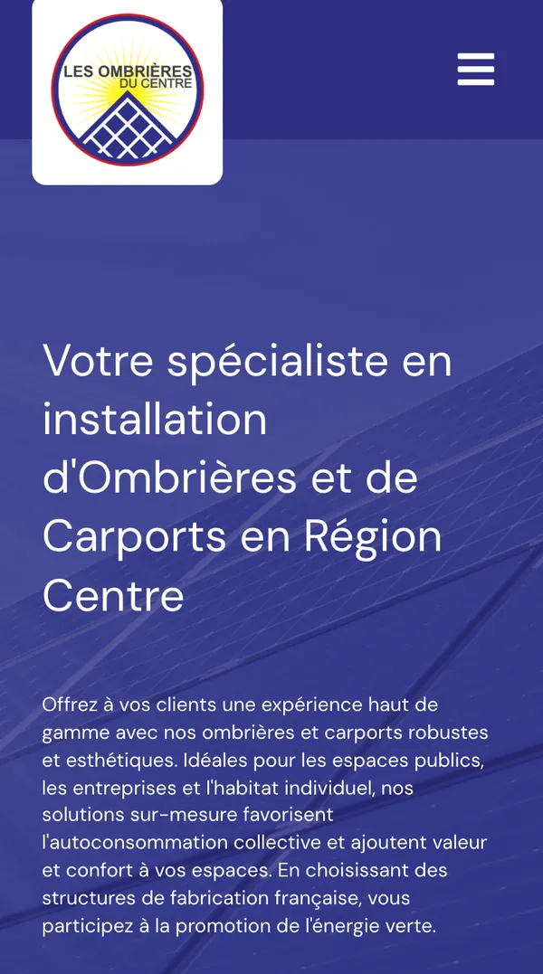 Site web réalisé pour Les Ombrières du Centre, Ombrières et carports · Centre