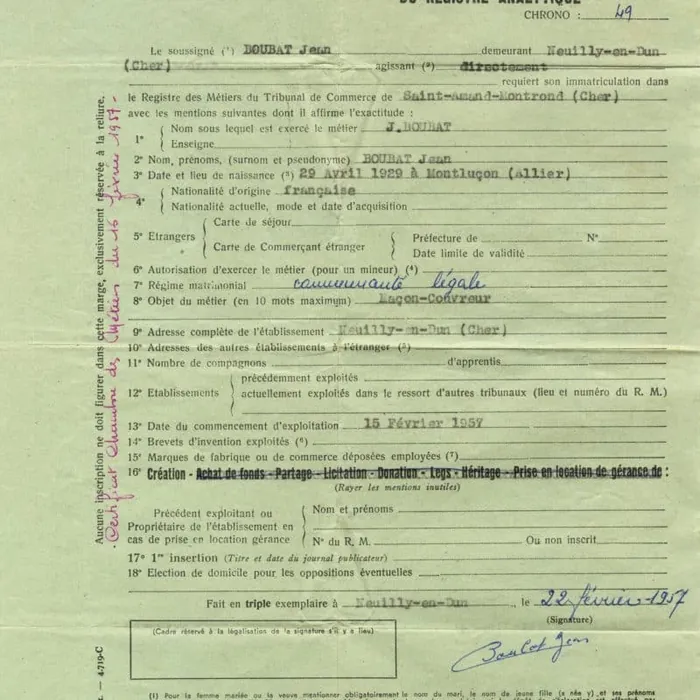 Document de création de l'entreprise en 1957