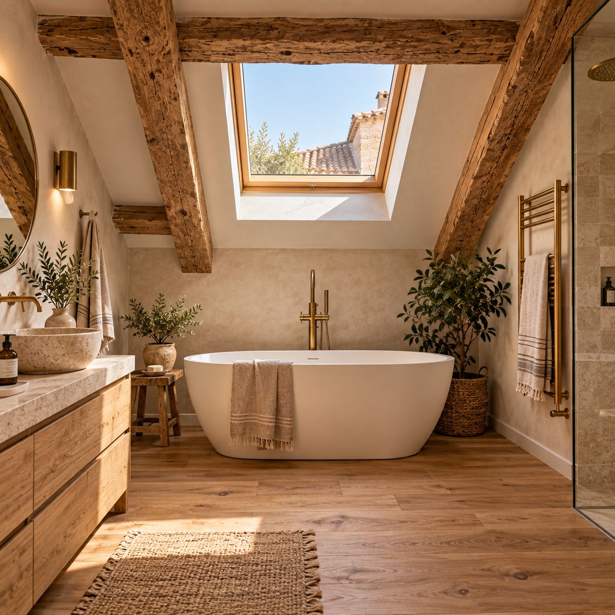 Après&nbsp;: salle de bain sous les toits avec baignoire îlot et poutres apparentes
