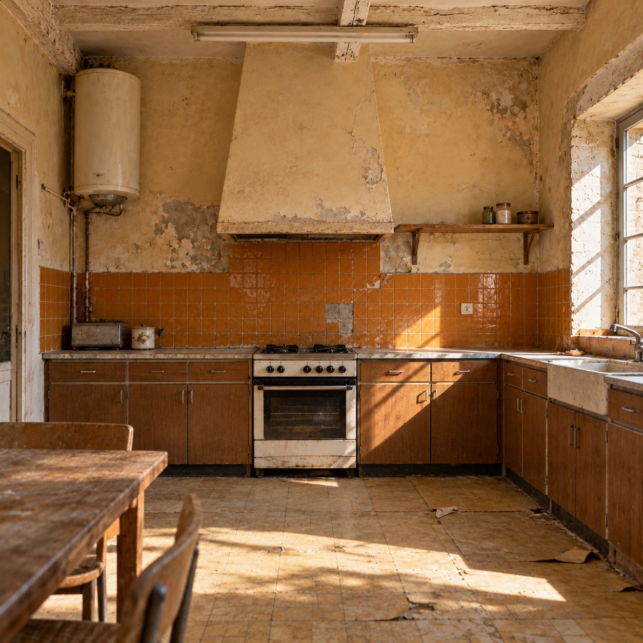 Avant&nbsp;: cuisine en formica des années 70, carrelage orange fissuré