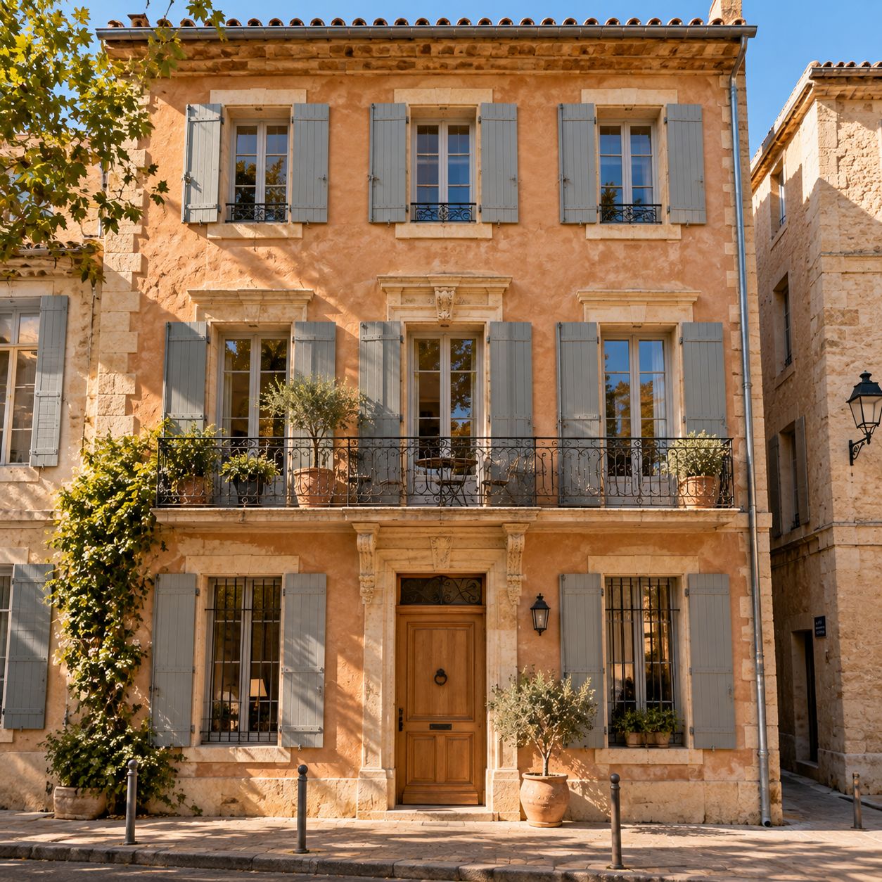 Après&nbsp;: façade enduite à la chaux ocre rosé, volets gris bleu
