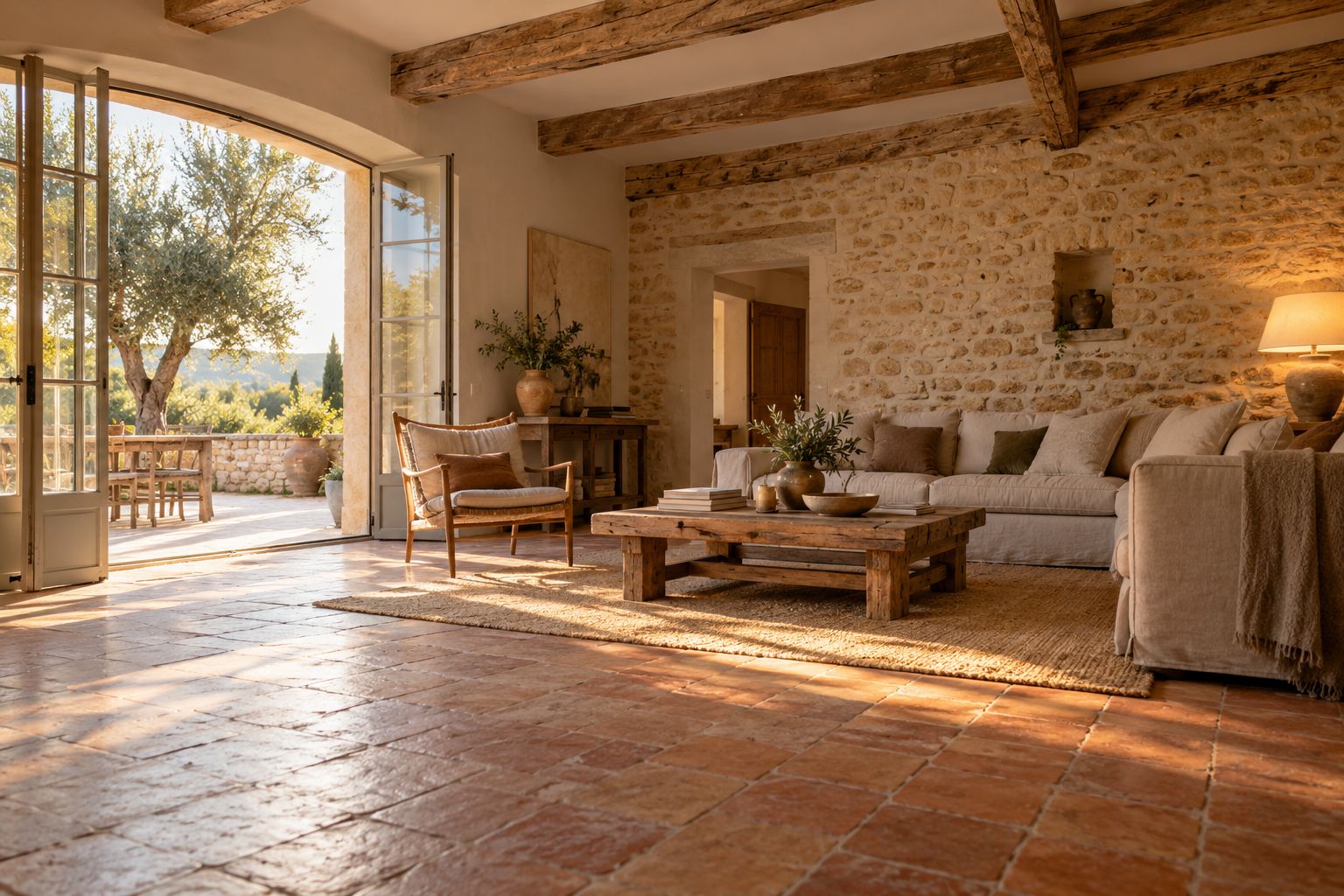 Séjour d'un mas provençal rénové&nbsp;: mur en pierre apparente, tomettes et poutres en chêne