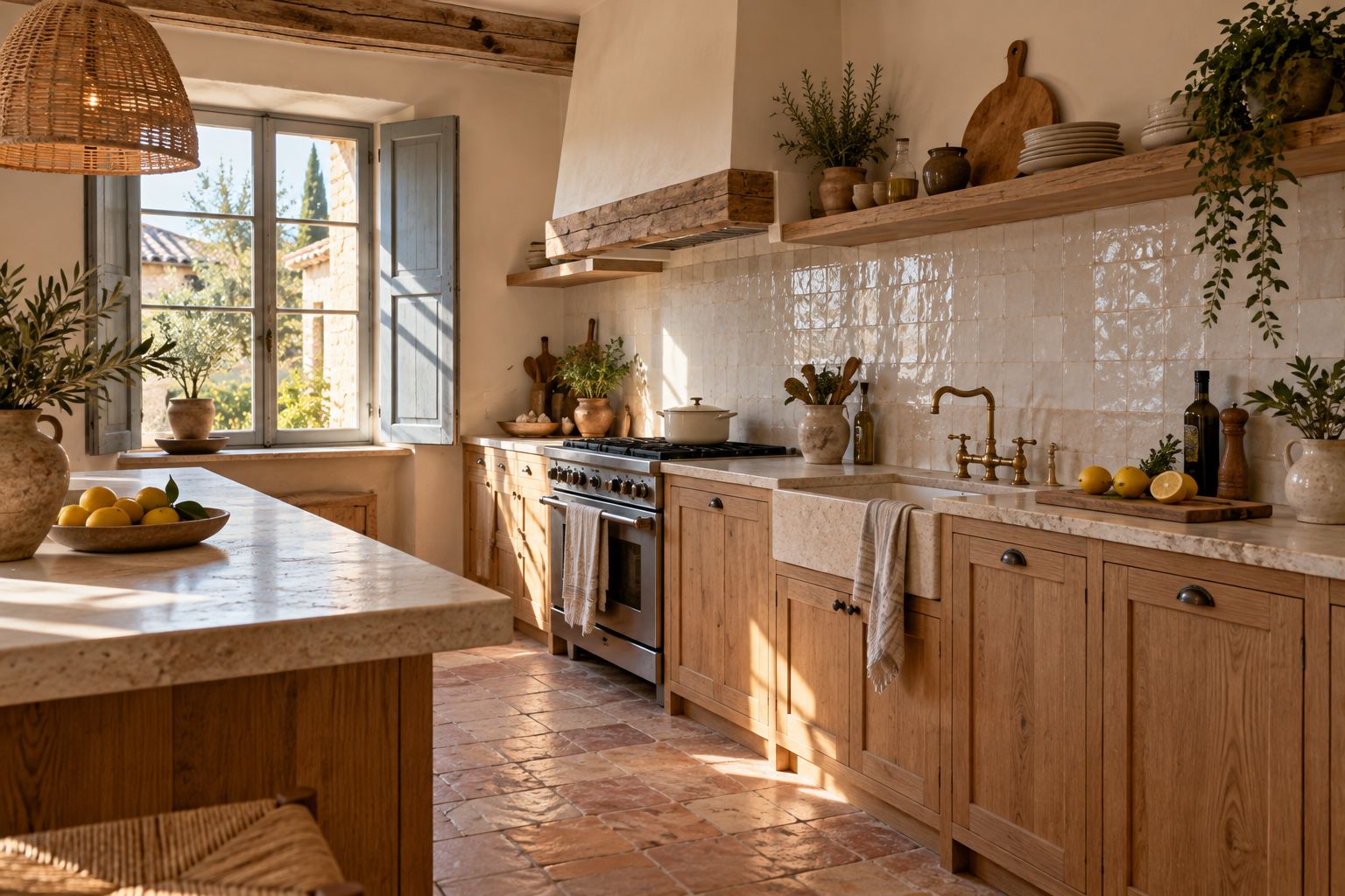 Cuisine rénovée en chêne clair avec crédence en zellige et sol en tomettes