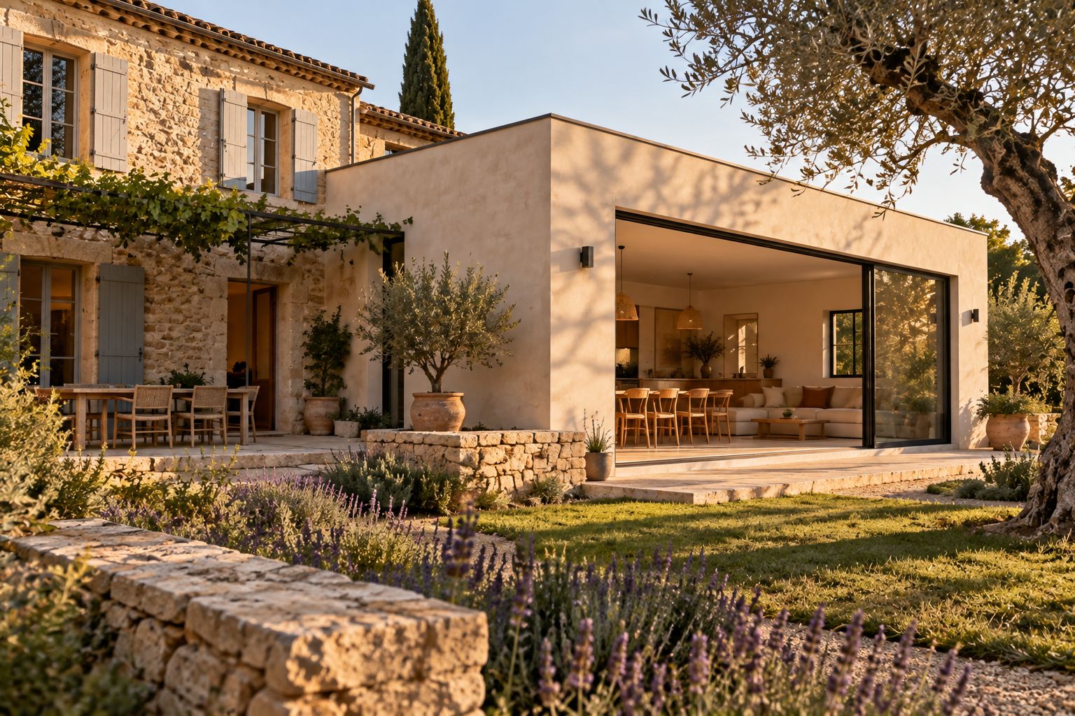 Extension contemporaine à toit plat accolée à une maison provençale en pierre