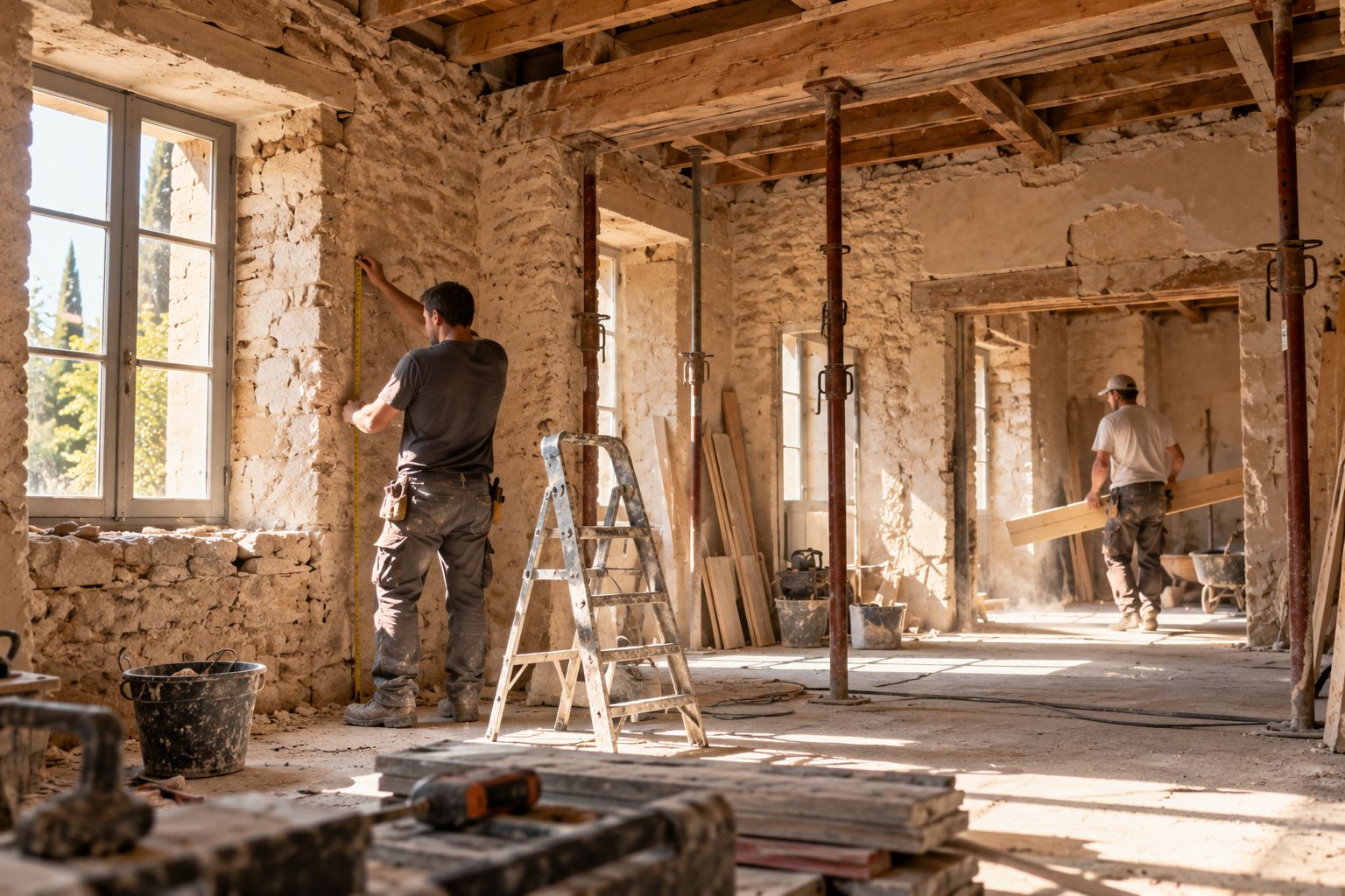 Deux artisans sur un chantier de rénovation dans une maison en pierre