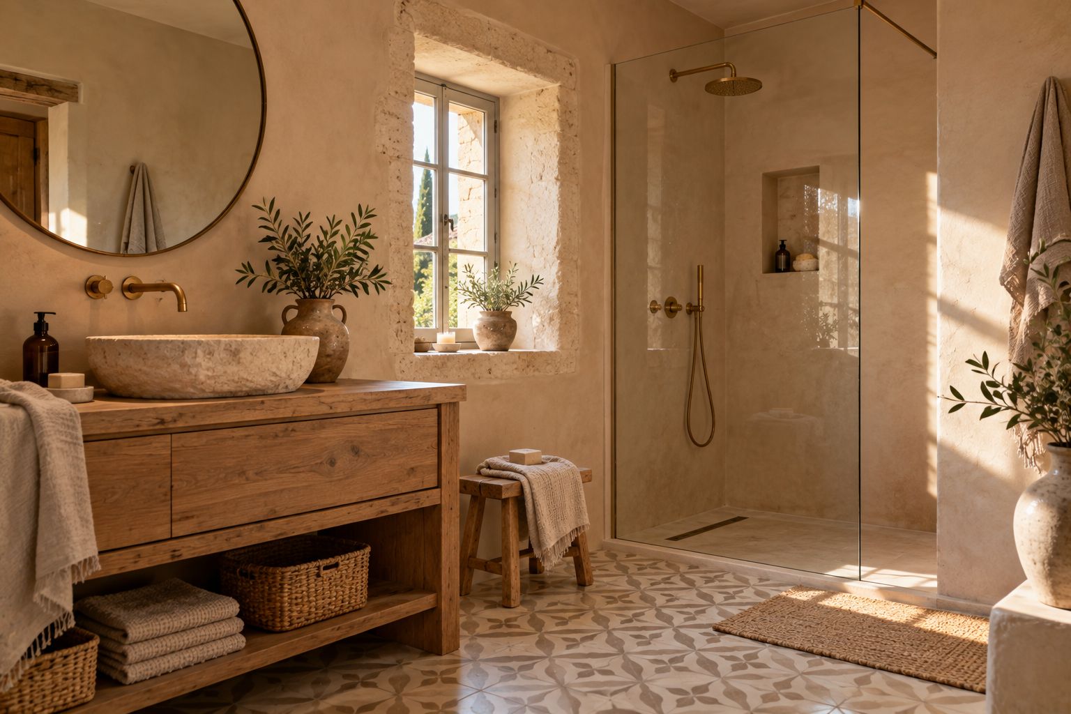 Salle de bain en tadelakt sable avec douche à l'italienne et vasque en pierre