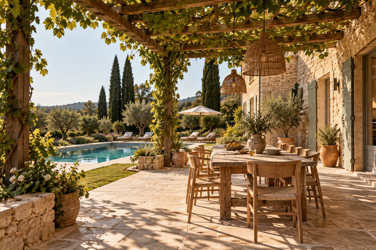 Terrasse en pierre calcaire sous une pergola, avec une piscine au fond