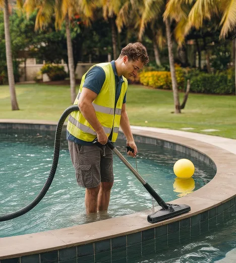 Un technicien passe l'aspirateur dans une piscine
