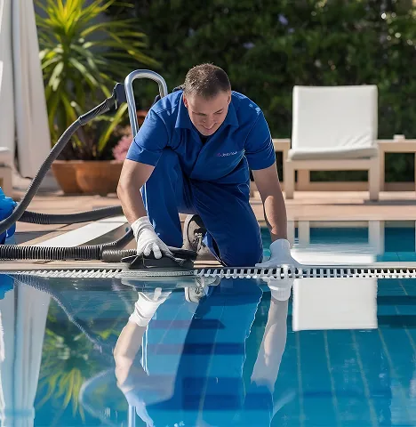 Un technicien nettoie la ligne d'eau d'un bassin