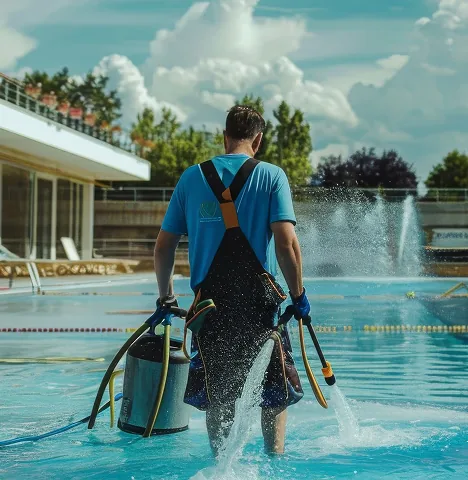 Un technicien quitte une piscine propre et limpide