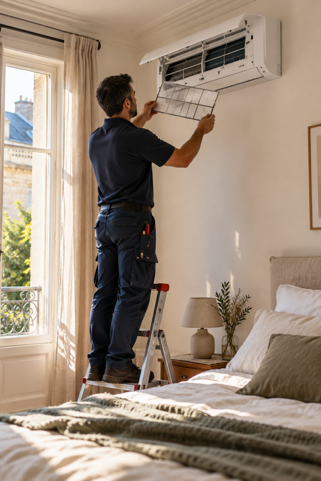 Un technicien vérifie le filtre d'une climatisation murale