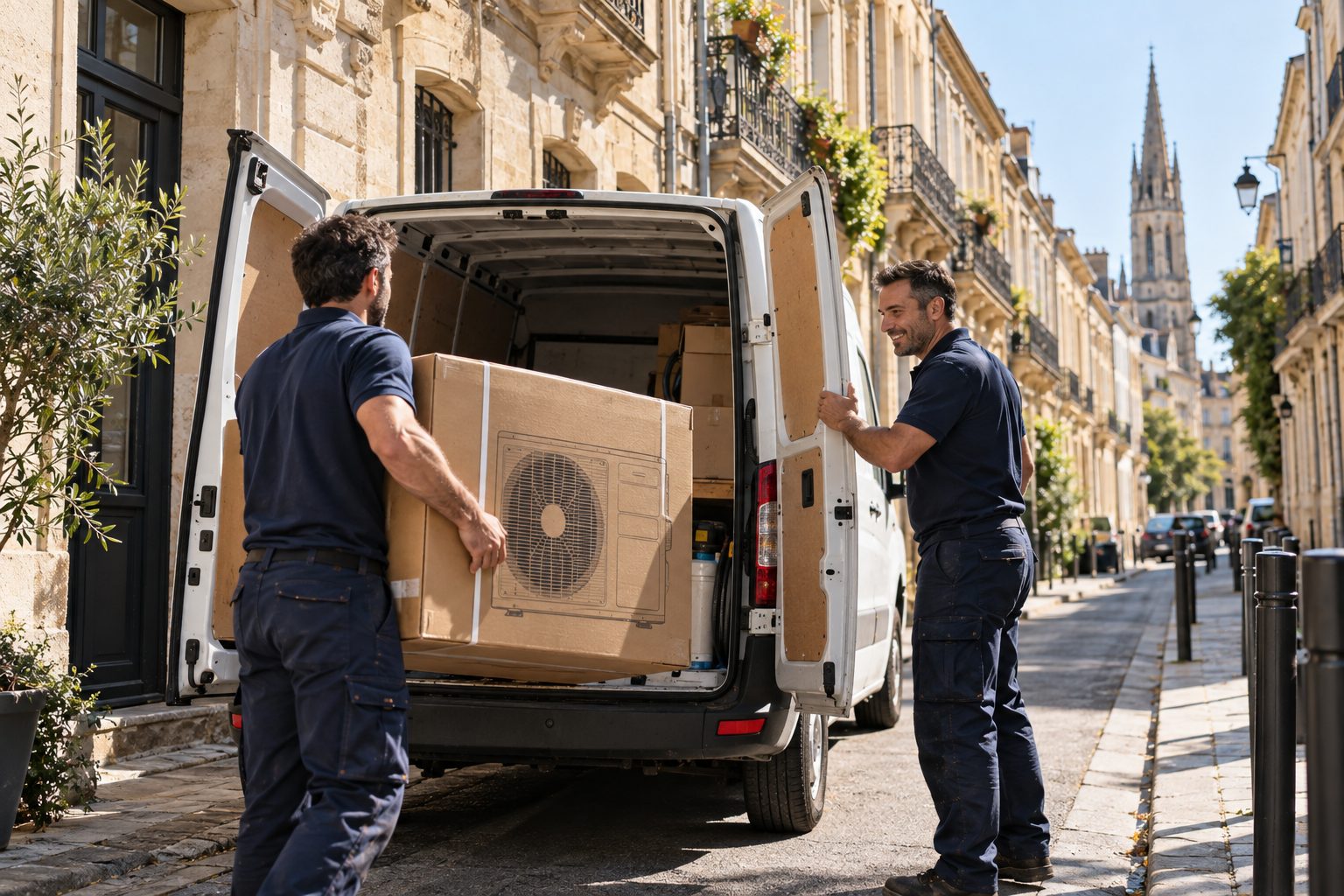 Deux techniciens Dufau déchargent une unité extérieure dans une rue de Bordeaux