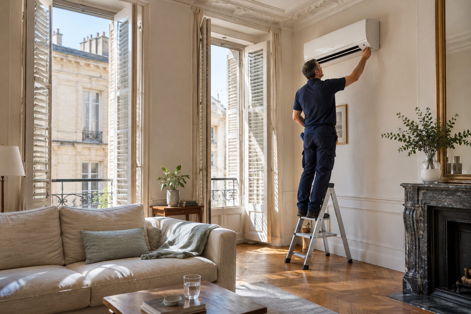 Un technicien règle une climatisation murale discrète dans un appartement ancien de Bordeaux