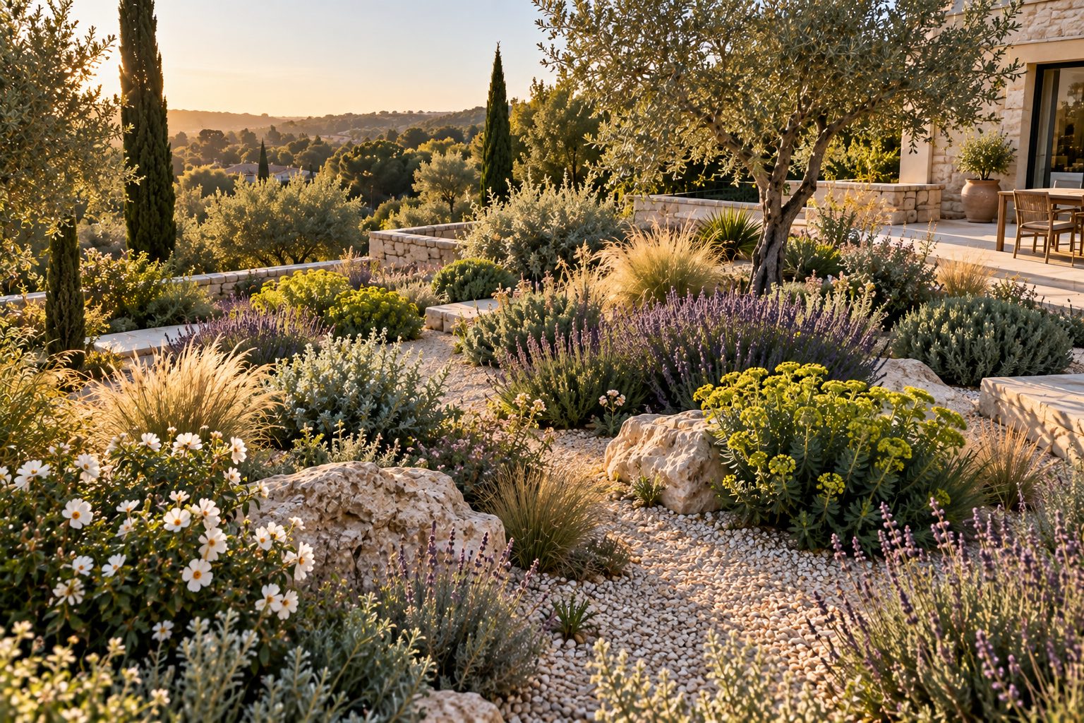 Jardin sec en gravier avec lavandes, cistes et euphorbes