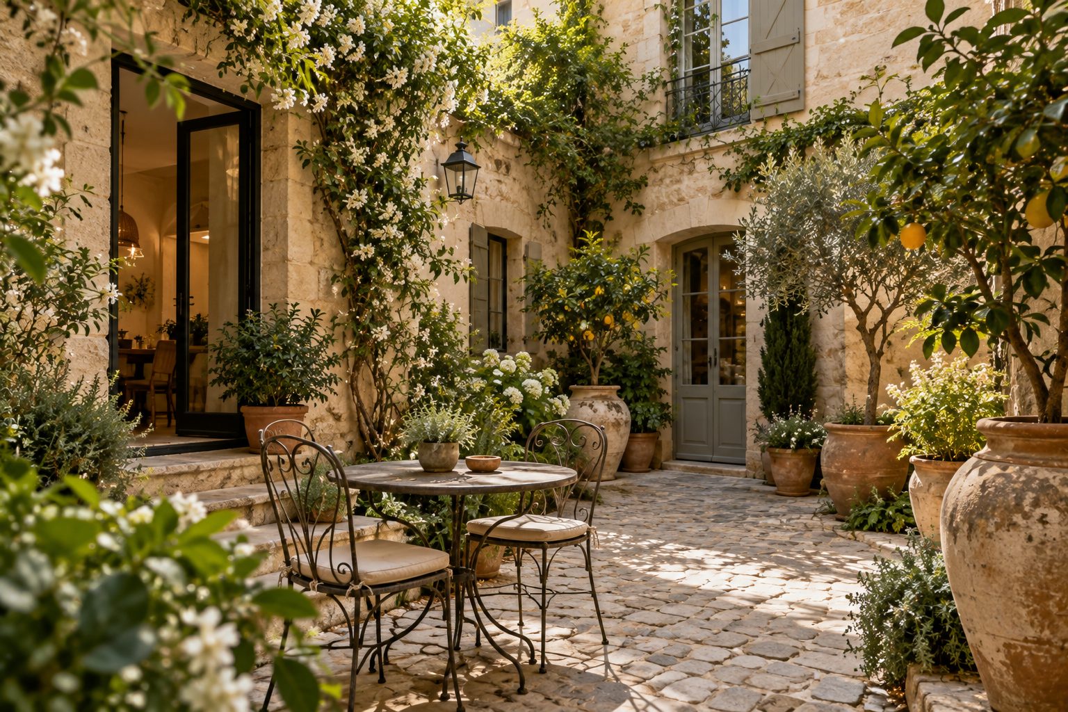 Cour intérieure d'un immeuble de l'Écusson avec jasmin et jarres d'agrumes