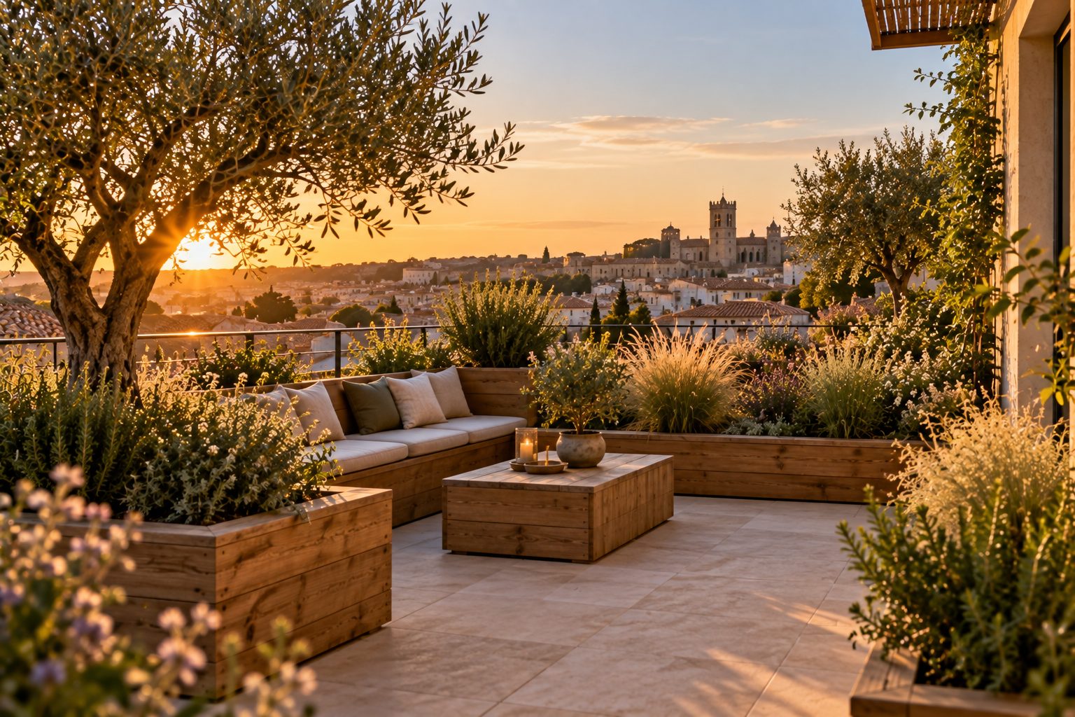 Terrasse en hauteur plantée d'oliviers en bacs, avec vue sur les toits de Montpellier