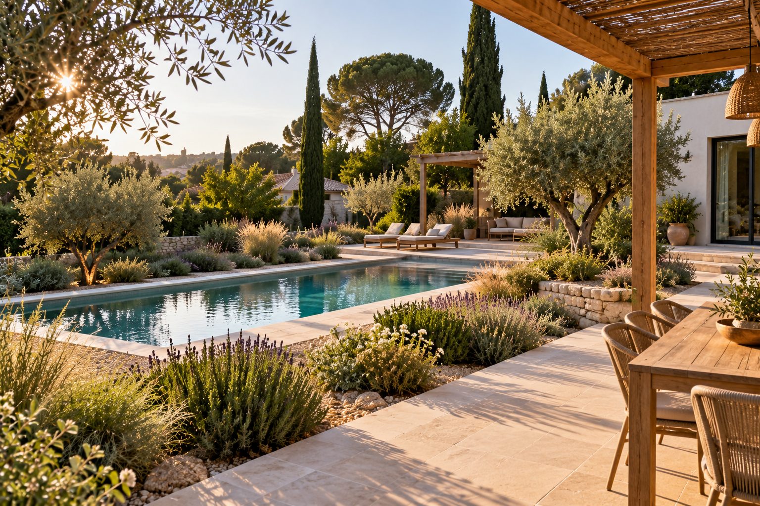 Jardin de villa avec piscine, oliviers et massifs méditerranéens