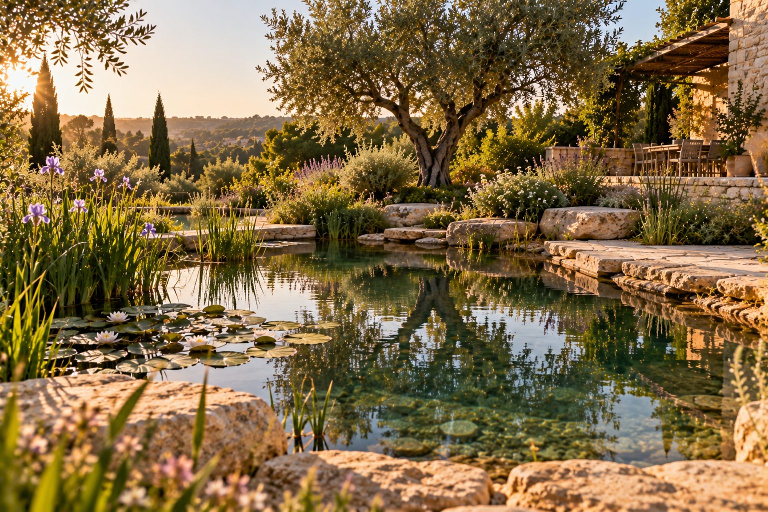 Bassin naturel avec nénuphars et olivier