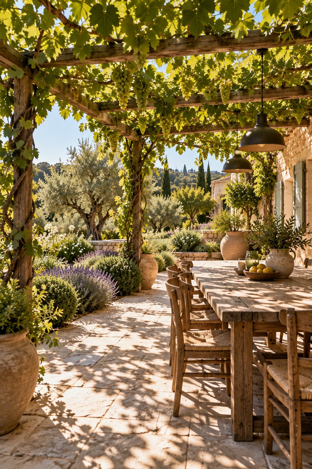 Pergola couverte de vigne au-dessus d'une table en bois