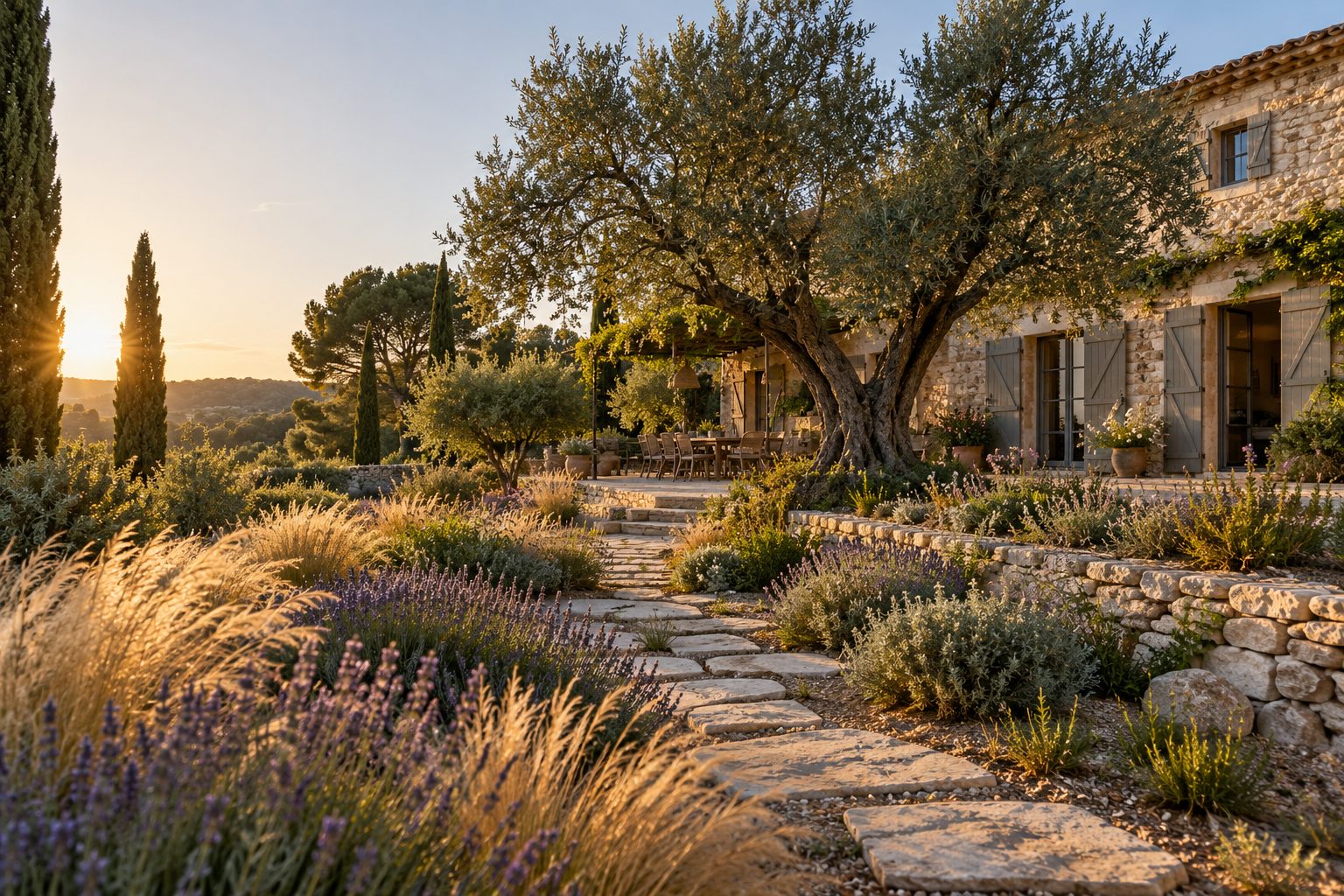 Jardin méditerranéen d'un mas en fin de journée, lavandes, graminées et vieil olivier